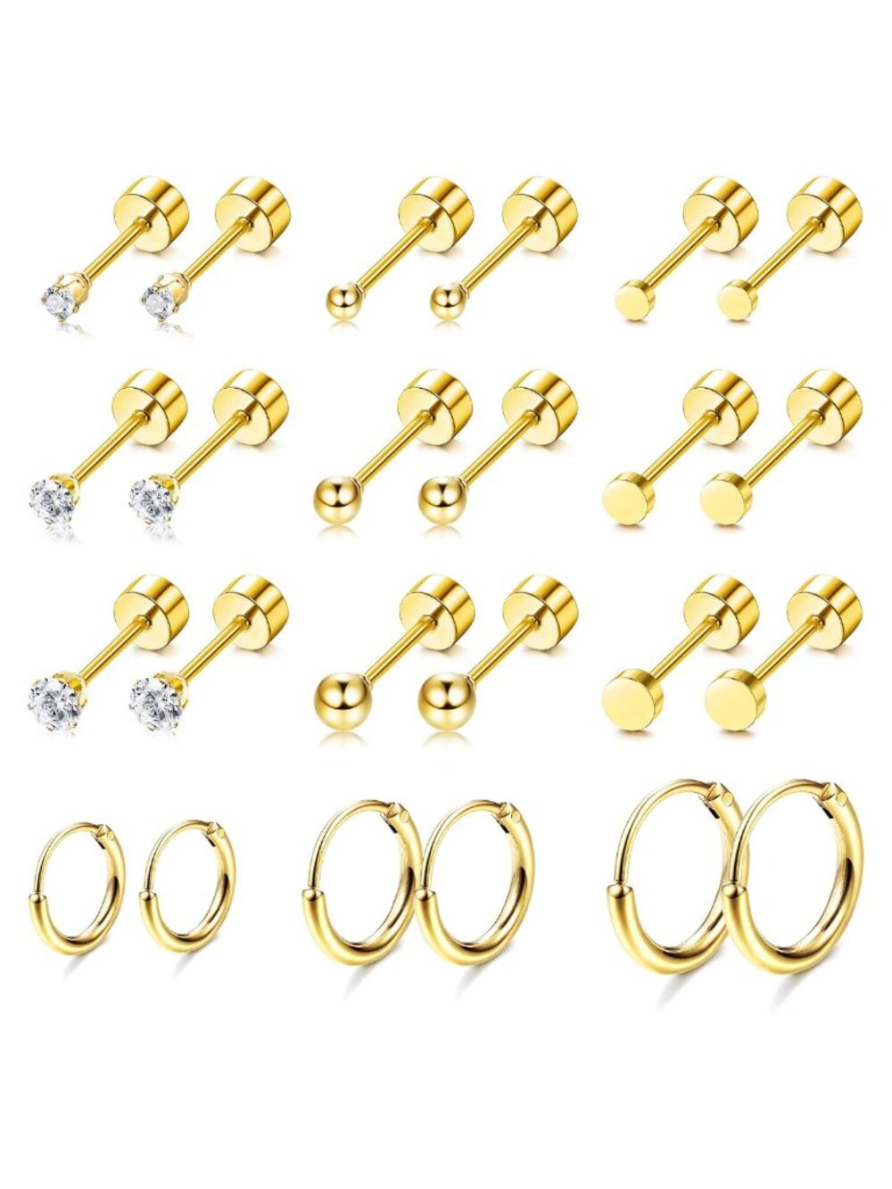 Small Stud Flat Back Earring 14K Gold Plated Surgical Steel Sets Multiple